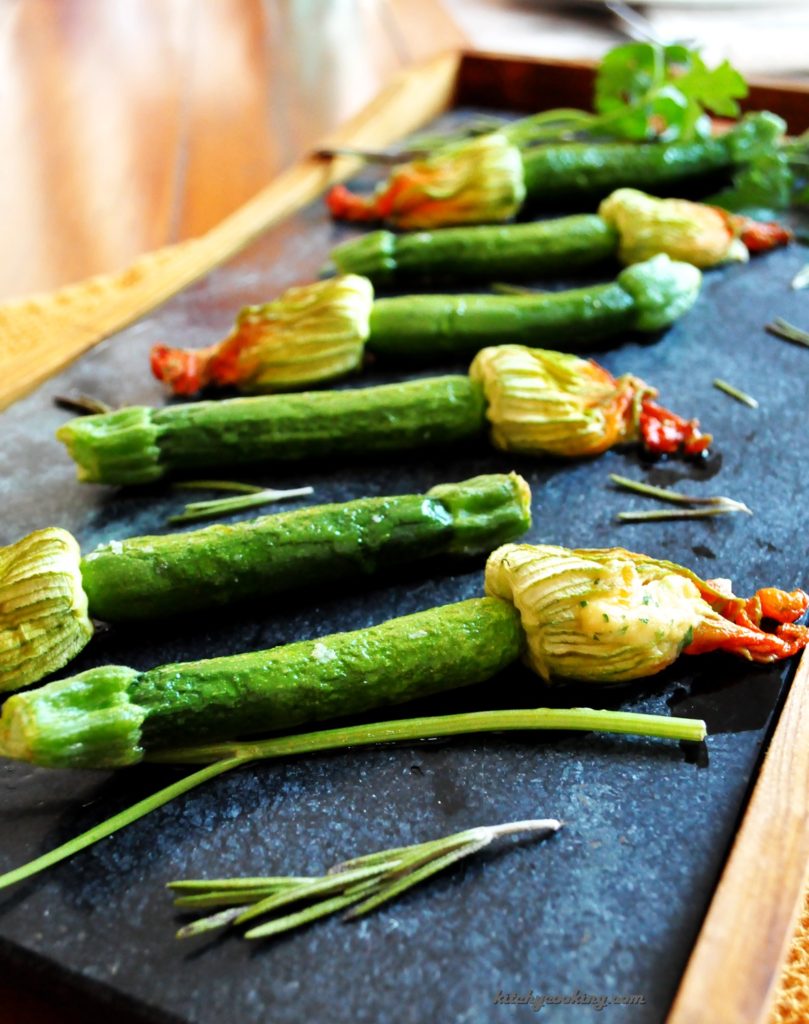 Close up of Herbed Stuffed Squash Blossoms